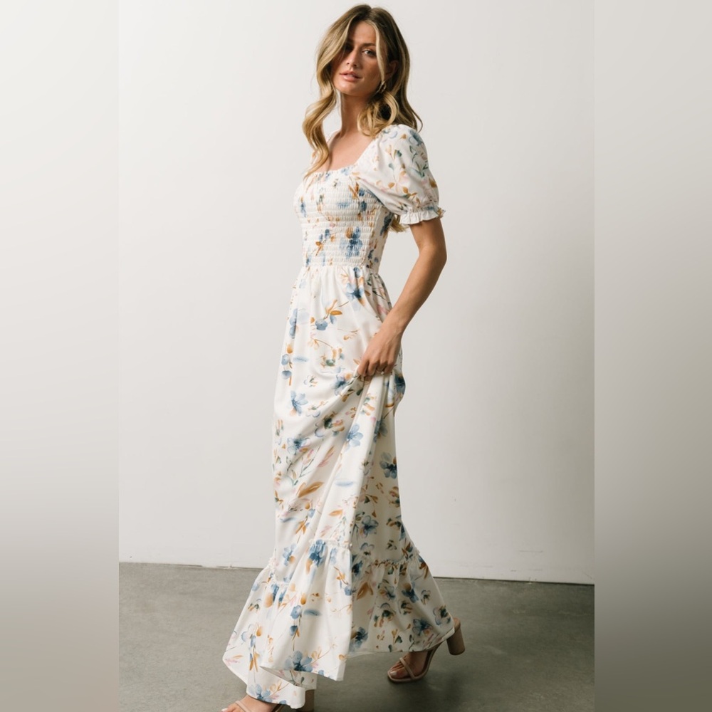 Baltic Born Blue and Brown Pleated Puff Sleeve
Maxi Dress NWT